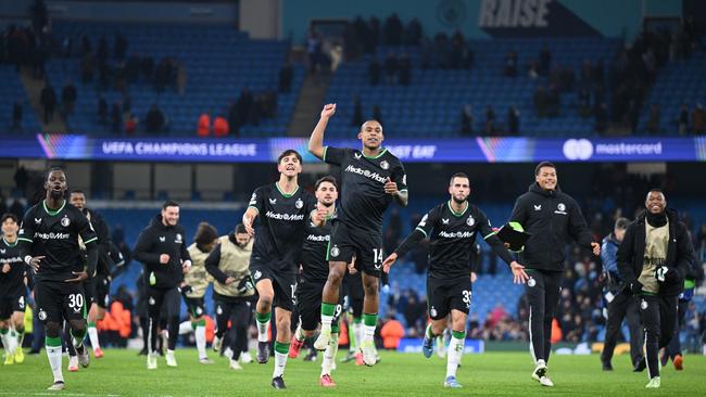 Igor Paixao of Feyenoord and teammates celebrate a draw following their Champions League clash. Picture: Michael Regan/Getty Images