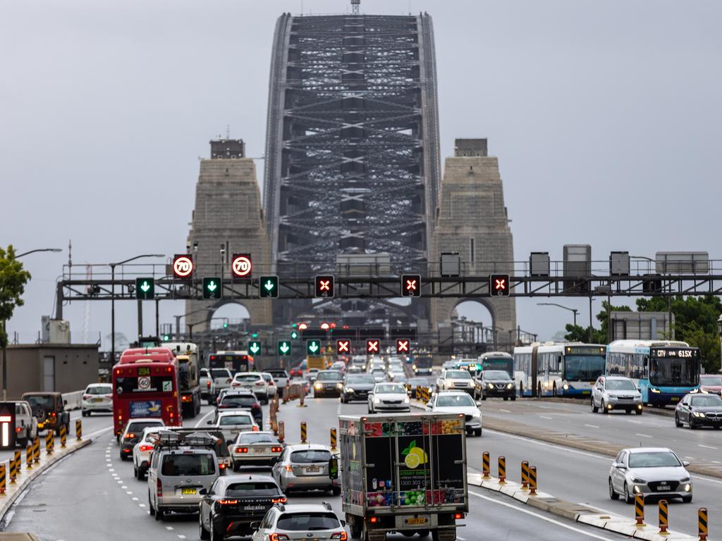 Traffic banked up on the Sydney Harbour Bridge after protesters blocked a major road. Picture: NCA NewsWire / Seb Haggett