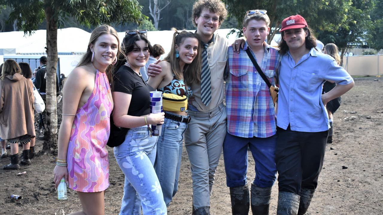 Elkie McCormick, Lauren McNamara, Leah Berry, Alex Kosednar, Brad Matthews and Fergus Hayes-Sant at Splendour in the Grass July 24,2022. Picture: Tessa Flemming