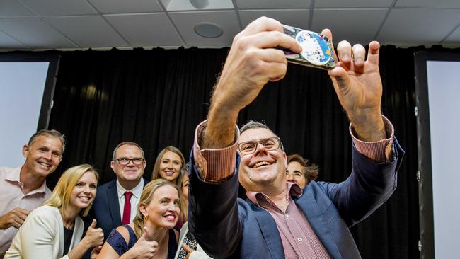 Gold Coast-based Labor Senator Murray Watt getting a selfie with ALP candidates and members, Rowan Holzberger, Georgi Leader, Meaghan Scanlon, Christopher Johnson, Kate Jones MP, Judy Searle, at the 2017 Queensland Australian Labor Party campaign launch. Ms Scanlon worked for Senator Watt. Picture: Jerad Williams