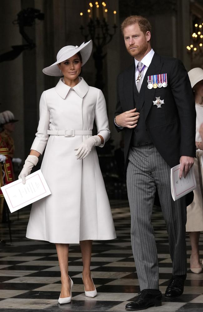 Meghan Markle and Prince Harry at St Paul’s Cathedral after a service of thanksgiving for the reign of Queen Elizabeth II. Picture: Matt Dunham/Getty Images