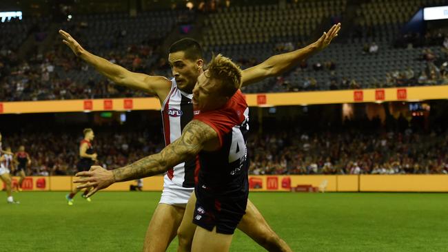 Shane Savage blocking James Harmes in the forward line. Picture: AAP