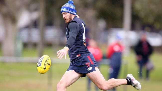 Melbourne’s Michael Hibberd training at Gosch’s Paddock in preparation for the Queen’s Birthday clash against Collingwood. Picture: Michael Klein