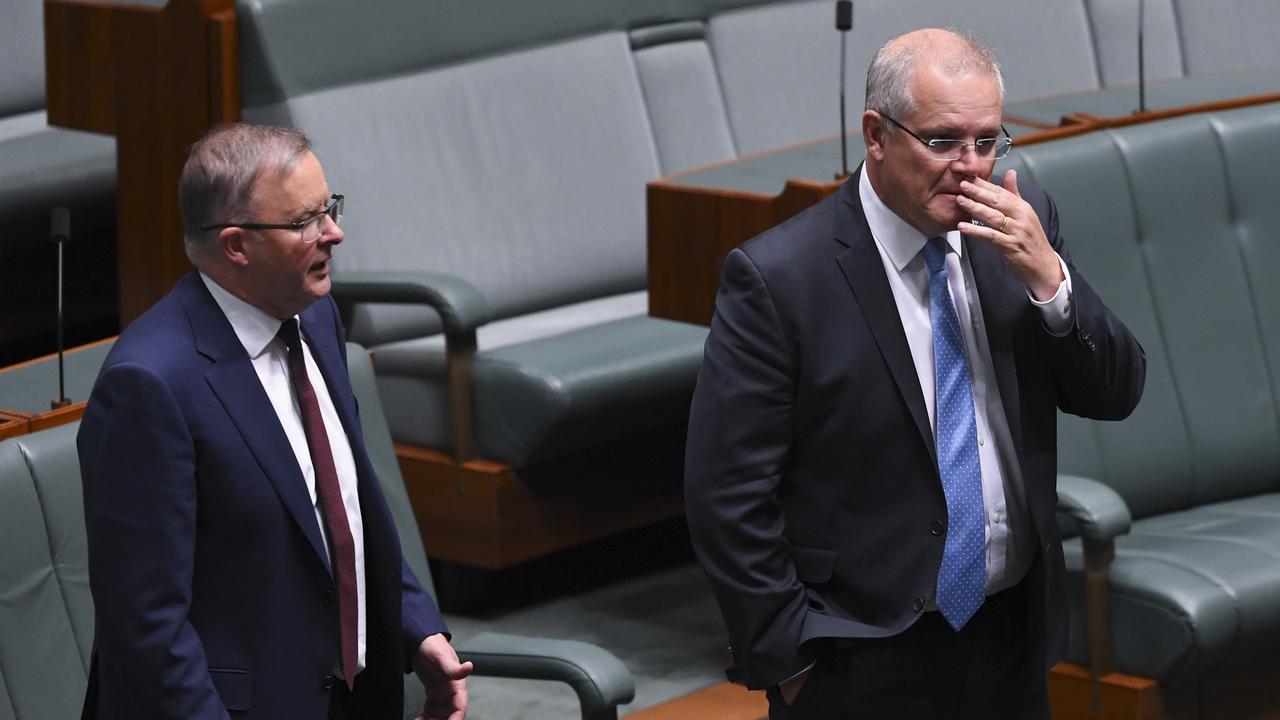 Australian Opposition Leader Anthony Albanese speaks to Australian Prime Minister Scott Morrison during the debate. Picture: AAP/Lukas Coch