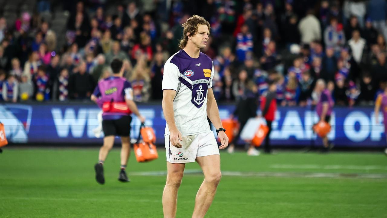 MELBOURNE, AUSTRALIA - JULY 01: Nat Fyfe of the Dockers is seen during the 2023 AFL Round 16 match between the Western Bulldogs and the Fremantle Dockers at Marvel Stadium on July 1, 2023 in Melbourne, Australia. (Photo by Dylan Burns/AFL Photos via Getty Images)