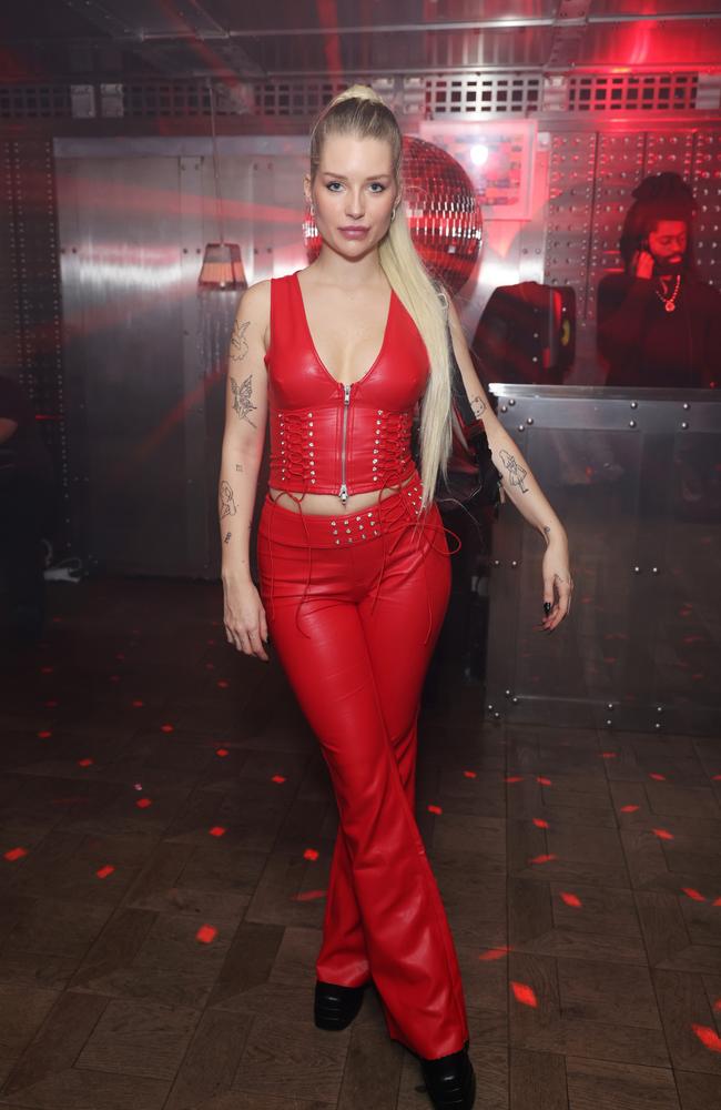 Lottie Moss rocked the red leather outfit on her night out in London. Picture: David M. Benett/Dave Benett/Getty Images for Ned’s Club