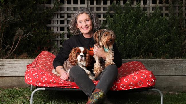 Emma Haswell of Brightside Farm Sanctuary with dogs Raffy the seven year old Cavalier King Charles and Pip the 13 year old Silky Terrier that were rescued from a puppy farm in Tasmania. Picture: NIKKI DAVIS-JONES