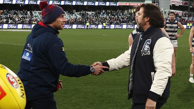 Duelling coaches Simon Goodwin and Chris Scott before their blockbuster clash. Picture: Michael Klein