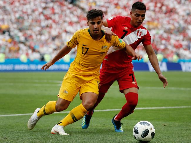 Daniel Arzani tries to make something happen against Peru at the World Cup. Picture: AFP