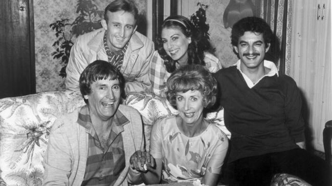 The cast of Kingswood Country, from left, front, Ross Higgins, Judi Farr and Lex Marinos, back, Peter Fisher and Laurel McGowan.