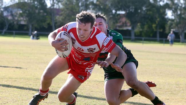 RLGC Round 3 match from Robert Dalley Park. Reserve Grade; Helensvale Hornets vs. Currumbin Eagles. Benjamin Kebby scoring a try. 23 May 2021 Helensvale Picture by Richard Gosling
