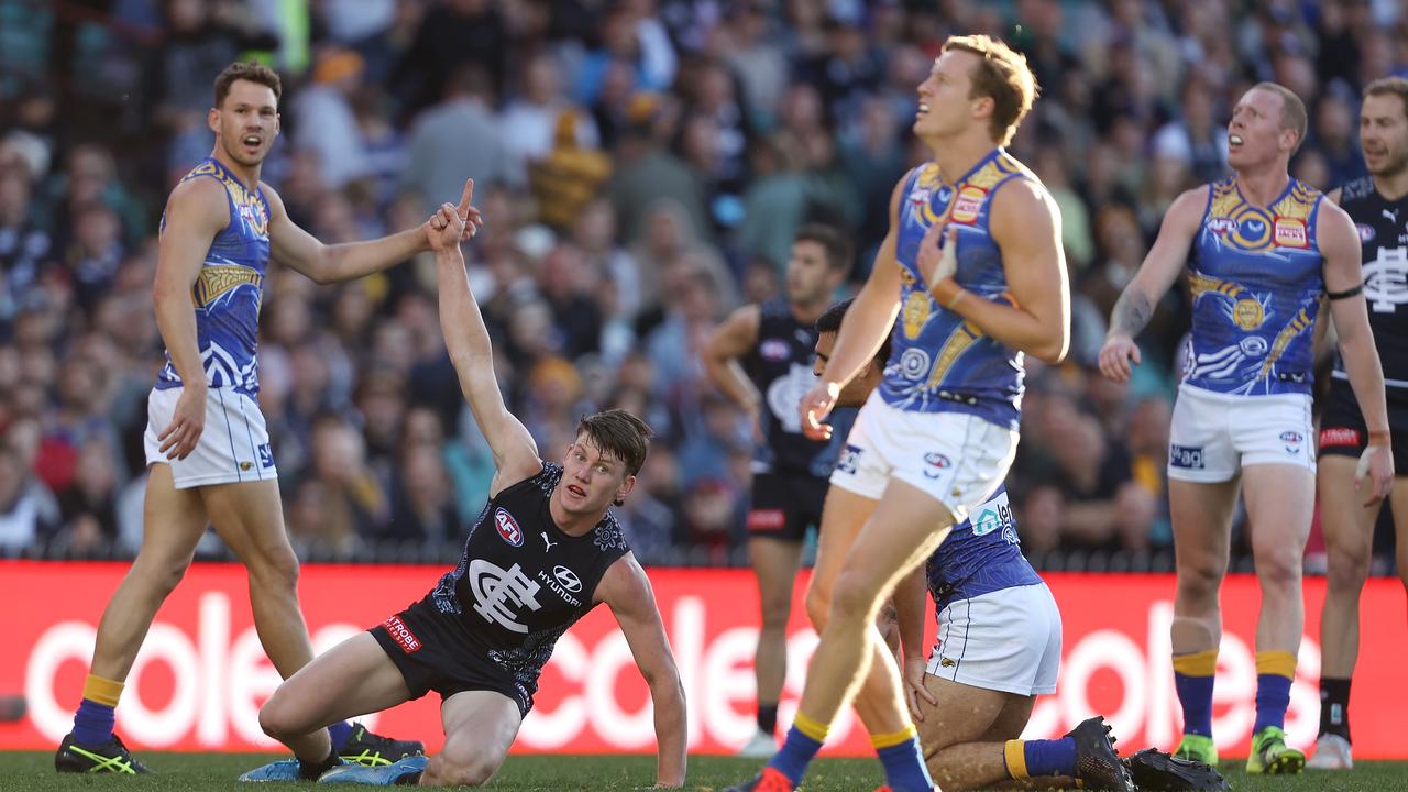 SYDNEY, AUSTRALIA – JUNE 06: Sam Walsh of the Blues celebrates kicking a goal during the round 12 AFL match between the Carlton Blues and the West Coast Eagles at Sydney Cricket Ground on June 06, 2021 in Sydney, Australia. (Photo by Mark Kolbe/Getty Images)