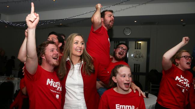 Emma McBride celebrates with supporters at The Entrance Leagues Club after claiming victory in the seat of Dobell. Picture: Peter Clark