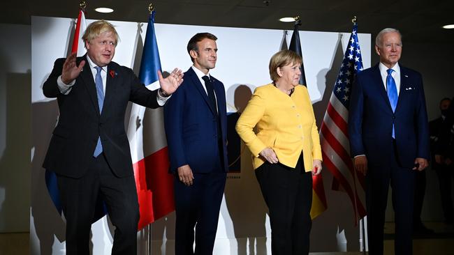 Boris Johnson, left, Emmanuel Macron, Angela Merkel and Joe Biden. Picture: Getty Images