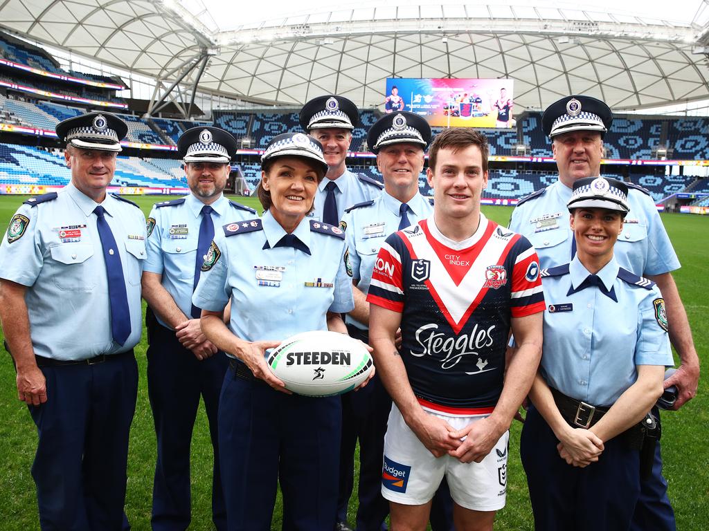 NSW Police Commissioner Karen Webb APM and NSW Police representatives with Sydney Roosters NRL player Luke Keary during the Sydney Roosters Emergency Services Event launch at Allianz Stadium. Picture: Venues NSW