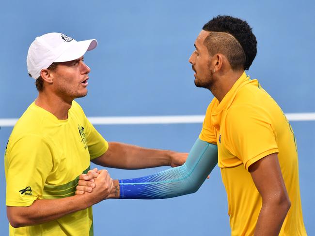 Australian team captain Lleyton Hewitt (left) was on the end of a Twitter broadside from Nick Kyrgios (right). Picture: AAP Image