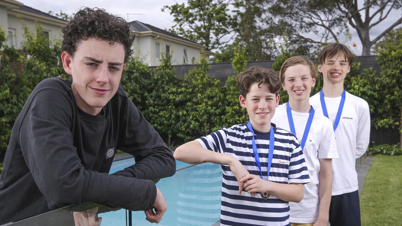 Liam, Oscar and Toby saved Declan’s life when they pulled him from the pool while he was unconscious. Picture: Wayne Taylor