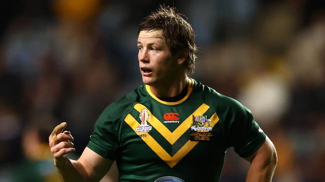 COVENTRY, ENGLAND - OCTOBER 21: Harry Grant of Australia during Rugby League World Cup 2021 Pool B match between Australia and Scotland at The Coventry Building Society Arena on October 21, 2022 in Coventry, England. (Photo by Michael Steele/Getty Images)