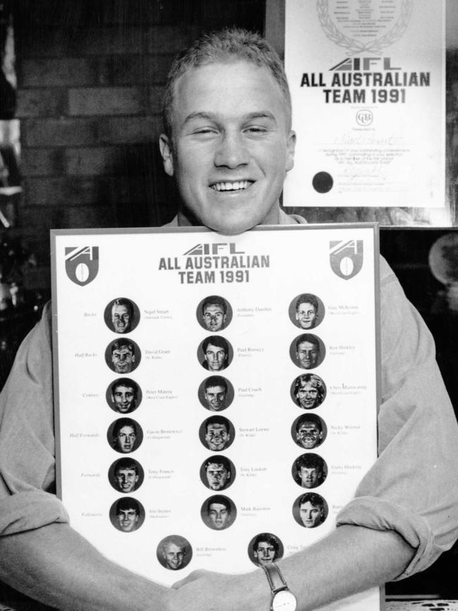 Nigel Smart with his AFL plaque after being selected in the back-pocket for the inaugural All Australian team of 1991. Picture: Ray Titus