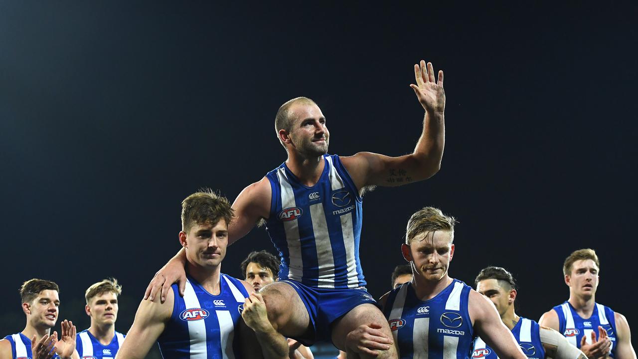 HOBART, AUSTRALIA — JUNE 16: Ben Cunnington of the Kangaroos is chaired off in his 200th game during the round 13 AFL match between the North Melbourne Kangaroos and the Greater Western Sydney Giants at Blundstone Arena on June 16, 2019 in Hobart, Australia. (Photo by Quinn Rooney/Getty Images)