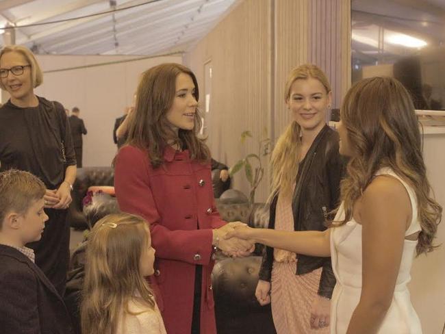 Royal touch ... Jessica Mauboy greets Princess Mary backstage. Picture: Mike Cardillo