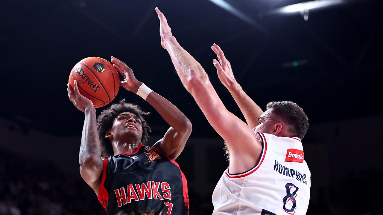 Hawks’ AJ Johnson shoots during his side’s dominant win over the Adelaide 36ers at WIN Entertainment Centre. Picture: Jeremy Ng/Getty Images.